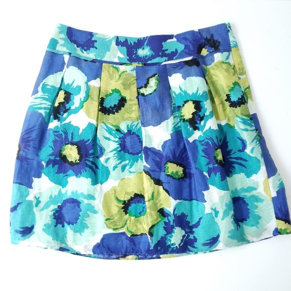 LOFT Floral Print Skirt Blue Green Pleated Linen Spring Summer Zip Career 6P - Picture 1 of 4
